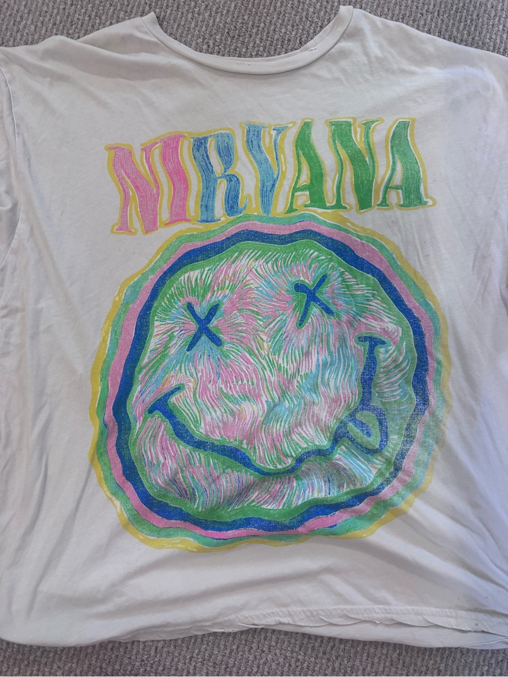 NIRVANA White Tee with Pink, Blue, Green & Yellow Smiley Graphic